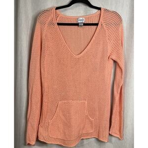 Chico’s Long Sleeve Crocheted Pullover Coral - V-neck, Front Pocket, Size 1